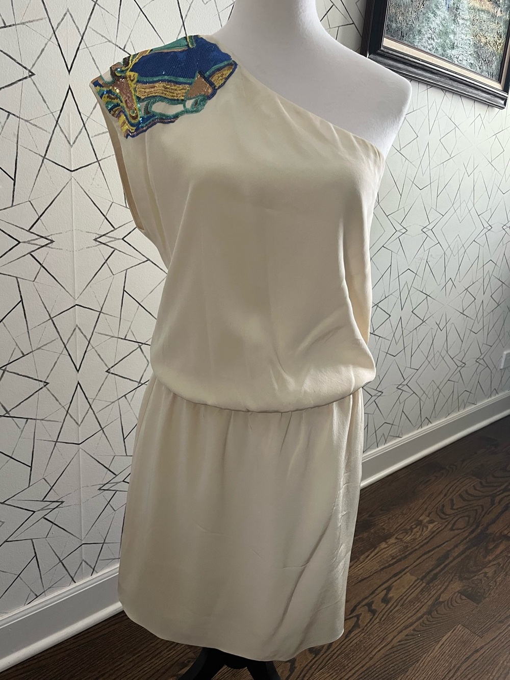 TIBI Cream One-Shoulder Silk Cocktail Dress with Blue-Gold Sequined Shoulder